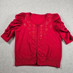 Women Red Embellished Cardigan Puff Sleeve Open Front Short Sleeve Knit Sweater